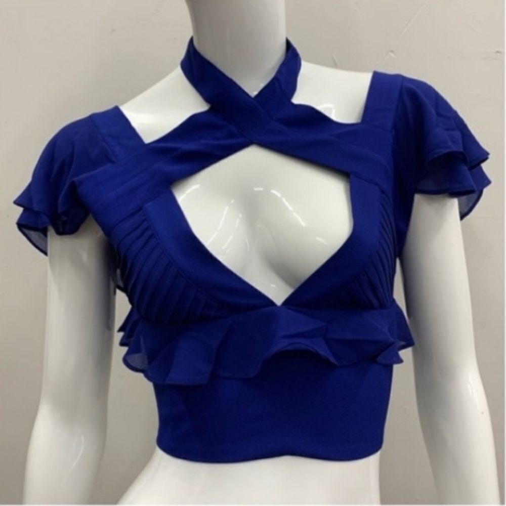 Nasty Gal Cropped Blue Flutter Cut Out Short Sleeve Top Size S